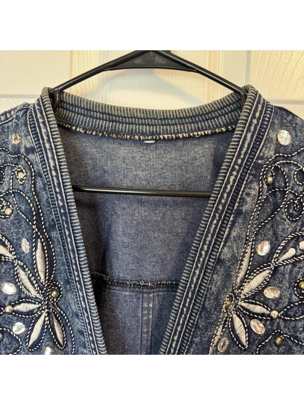 Vintage 90s Embellished Acid Wash Denim Jacket Oversized Cardigan Rhinesto Boho - Picture 9 of 9